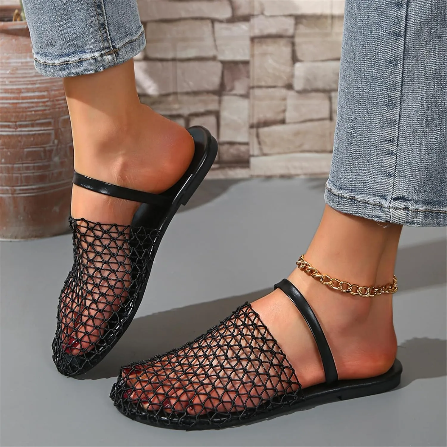 Women's Mesh Ballet Flats Slip on Ballerina Mule Shoes Mary Jane Flat Comfortable Casual Office Fishnet Slippers
