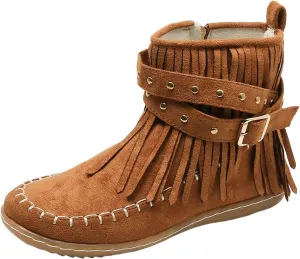 Womens Moccasins Fringe Ankle Boots Vintage Buckle Strap Suede Boots Casual Flat Heel Fall Boots Western Dress Boots