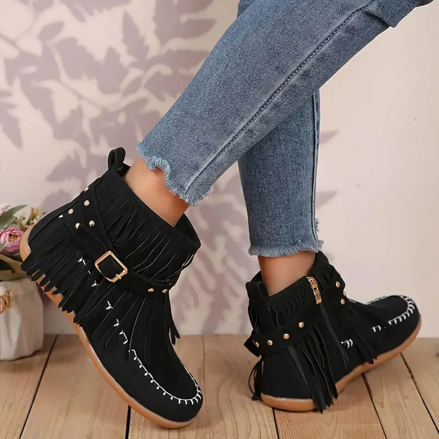Womens Moccasins Fringe Ankle Boots Vintage Buckle Strap Suede Boots Casual Flat Heel Fall Boots Western Dress Boots