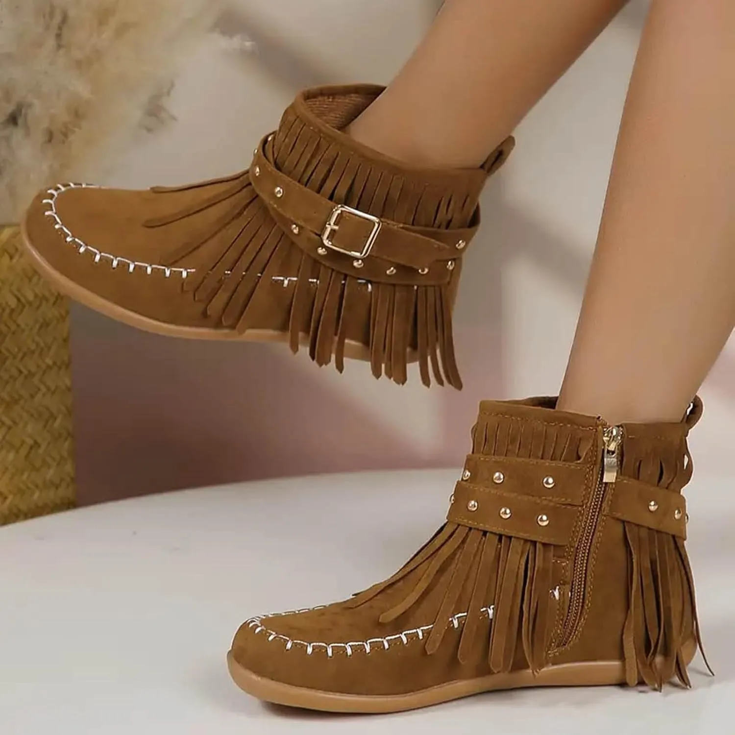Womens Moccasins Fringe Ankle Boots Vintage Buckle Strap Suede Boots Casual Flat Heel Fall Boots Western Dress Boots