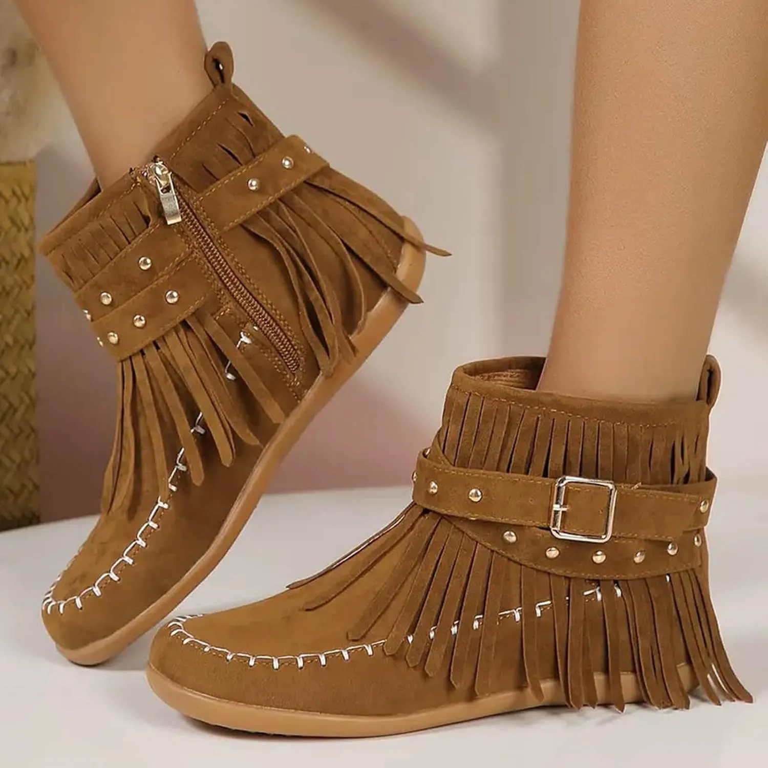 Womens Moccasins Fringe Ankle Boots Vintage Buckle Strap Suede Boots Casual Flat Heel Fall Boots Western Dress Boots