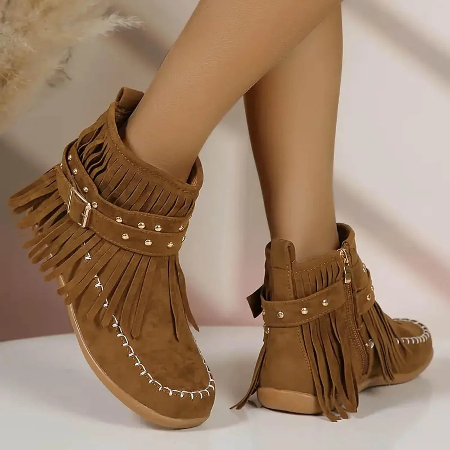 Womens Moccasins Fringe Ankle Boots Vintage Buckle Strap Suede Boots Casual Flat Heel Fall Boots Western Dress Boots