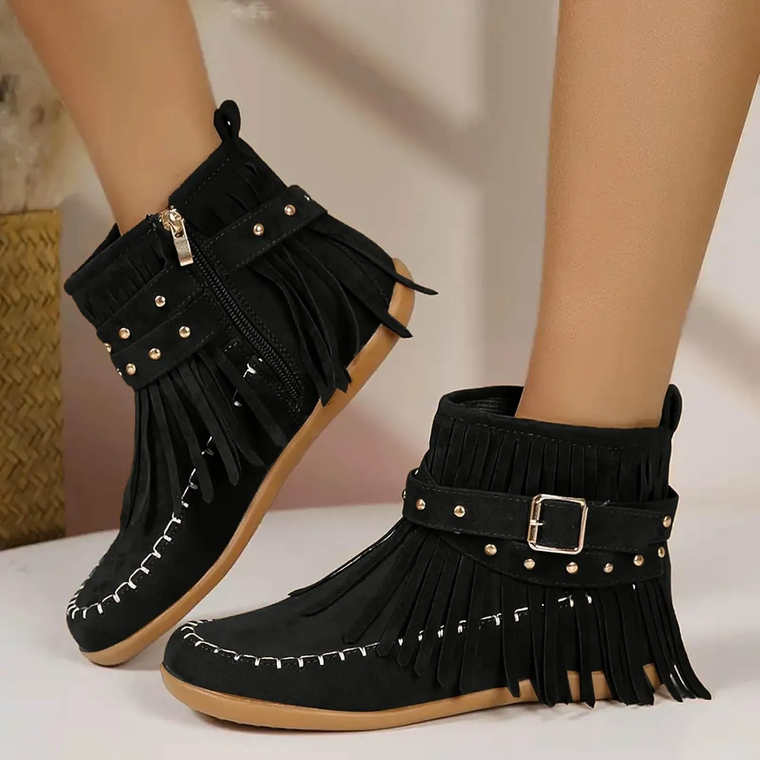 Womens Moccasins Fringe Ankle Boots Vintage Buckle Strap Suede Boots Casual Flat Heel Fall Boots Western Dress Boots