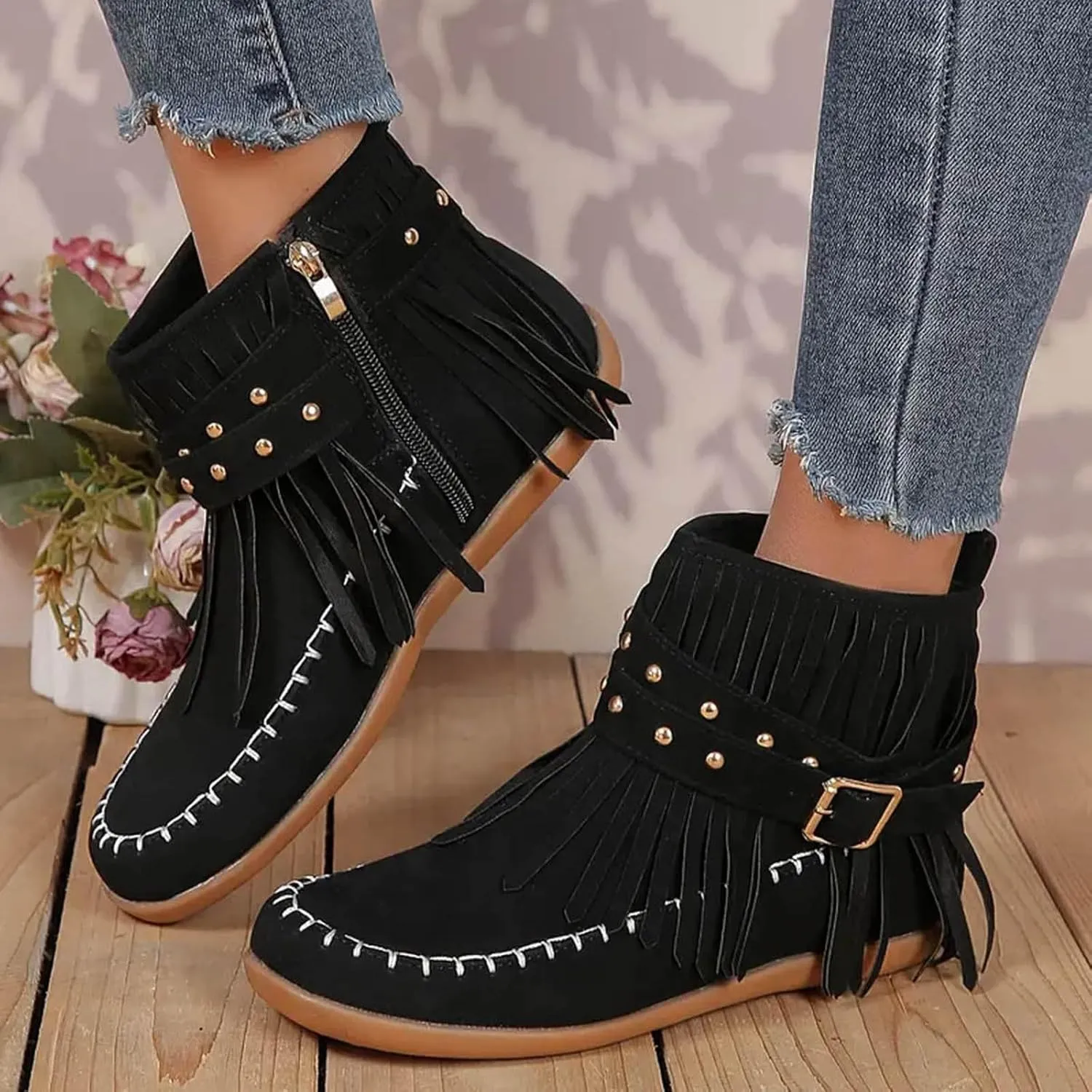 Womens Moccasins Fringe Ankle Boots Vintage Buckle Strap Suede Boots Casual Flat Heel Fall Boots Western Dress Boots