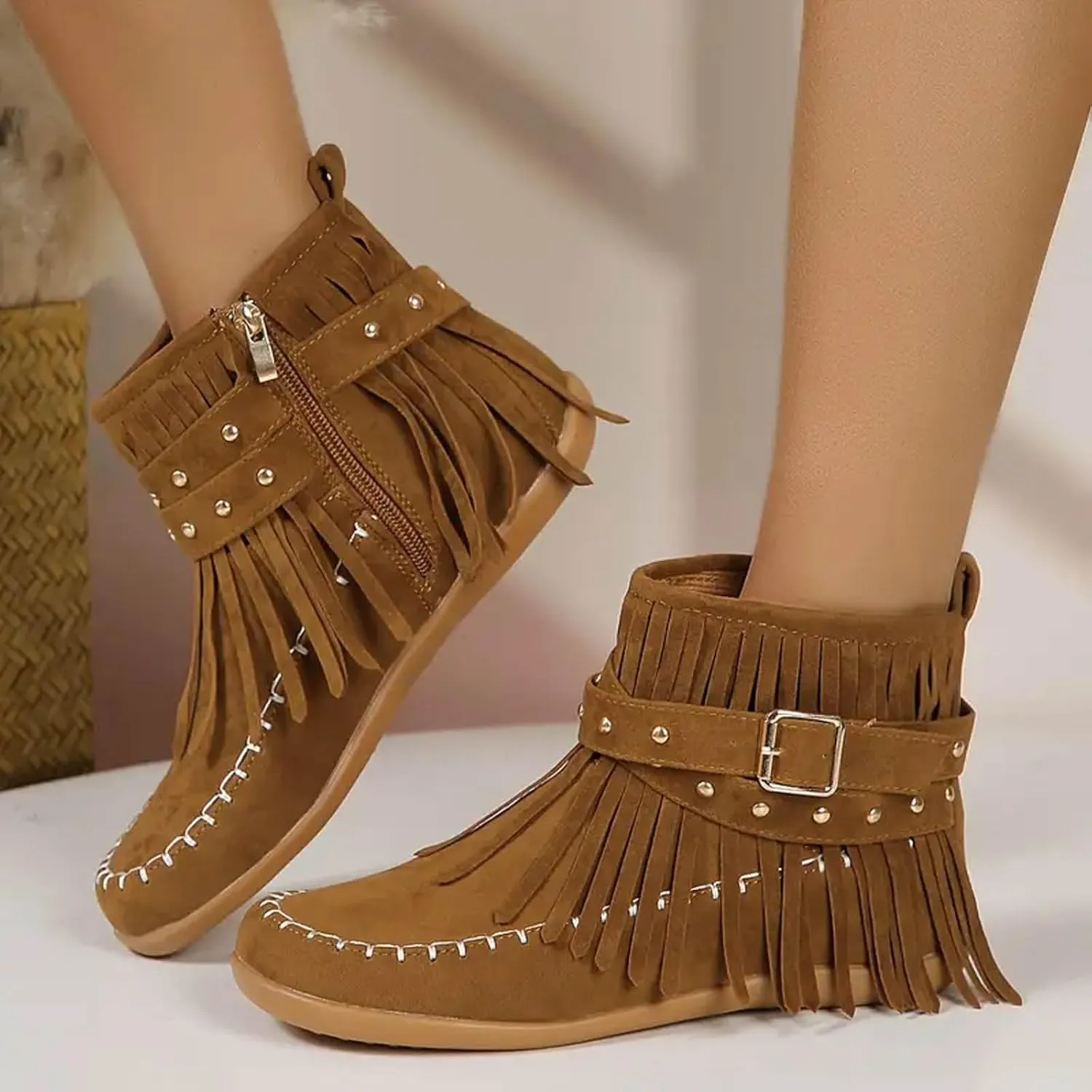 Womens Moccasins Fringe Ankle Boots Vintage Buckle Strap Suede Boots Casual Flat Heel Fall Boots Western Dress Boots