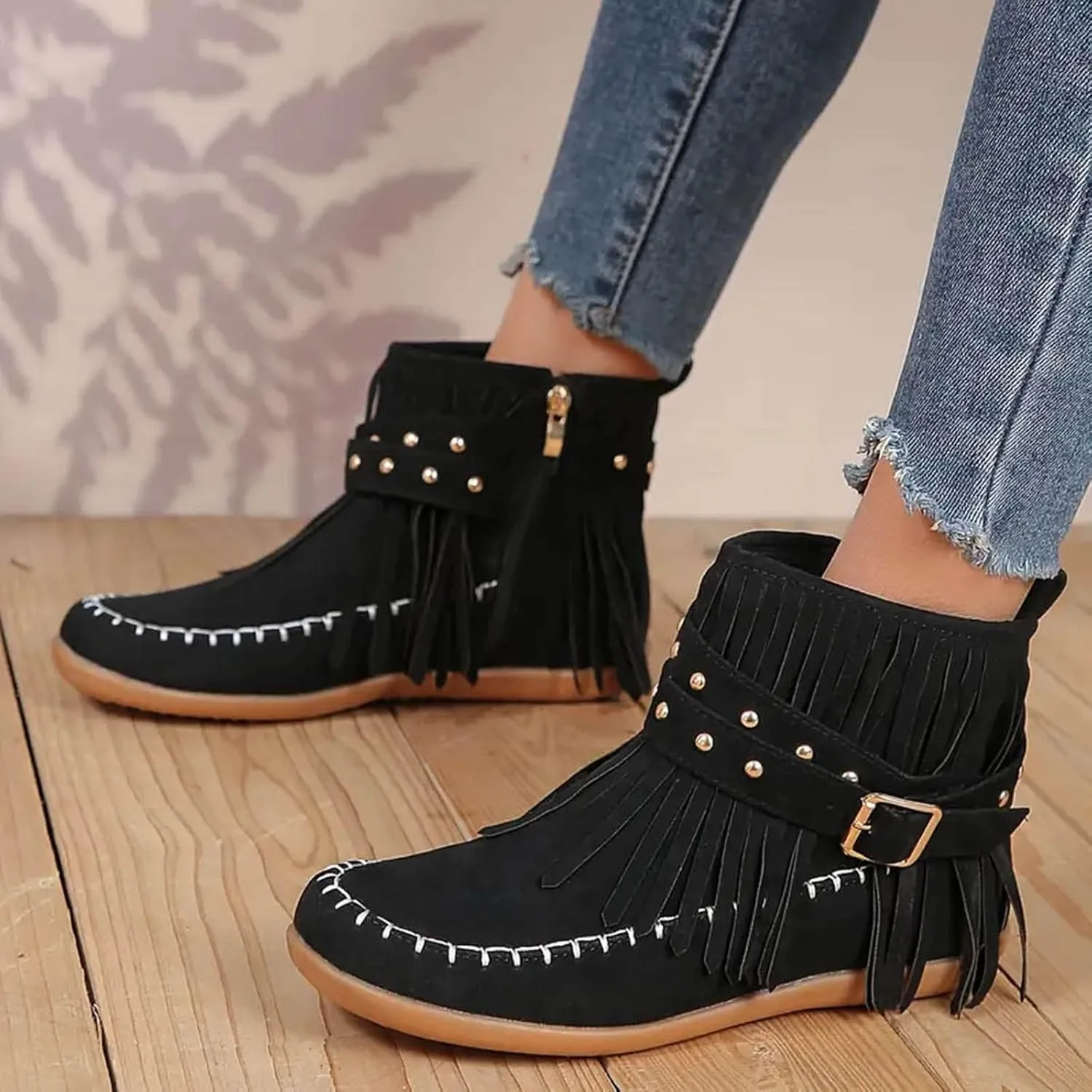 Womens Moccasins Fringe Ankle Boots Vintage Buckle Strap Suede Boots Casual Flat Heel Fall Boots Western Dress Boots