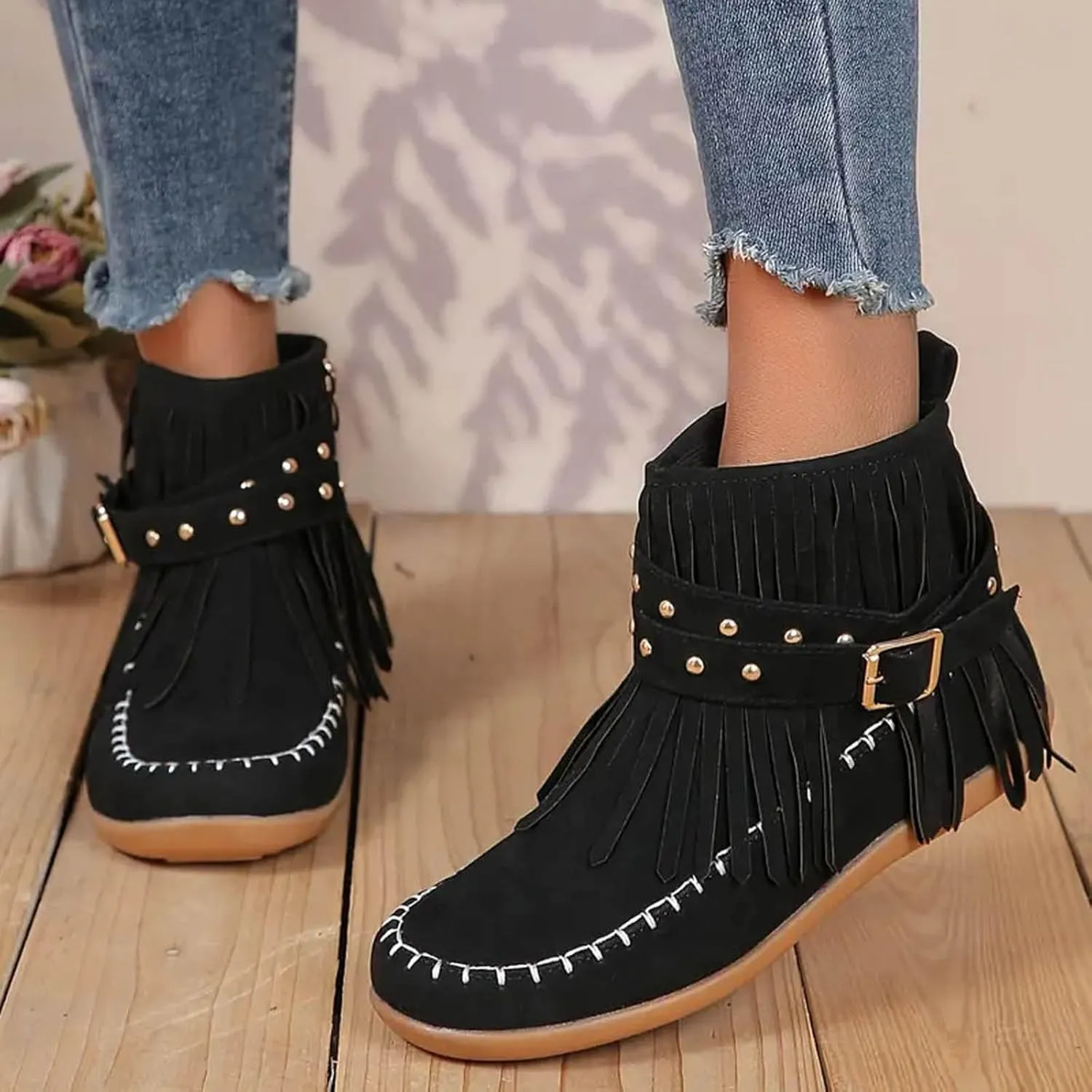 Womens Moccasins Fringe Ankle Boots Vintage Buckle Strap Suede Boots Casual Flat Heel Fall Boots Western Dress Boots