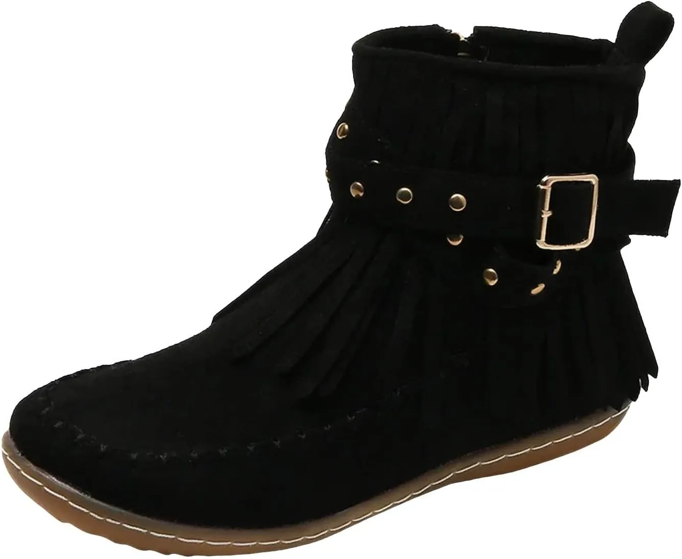 Womens Moccasins Fringe Ankle Boots Vintage Buckle Strap Suede Boots Casual Flat Heel Fall Boots Western Dress Boots