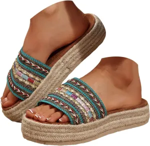 Womens Platform Sandals Comfort Casual Espadrilles Slip On Slippers Wedge Espadrilles Bohemia Open Toe Comfort Non Slip Summer Casual Straw Woven Sandals Platform Slides Shoes