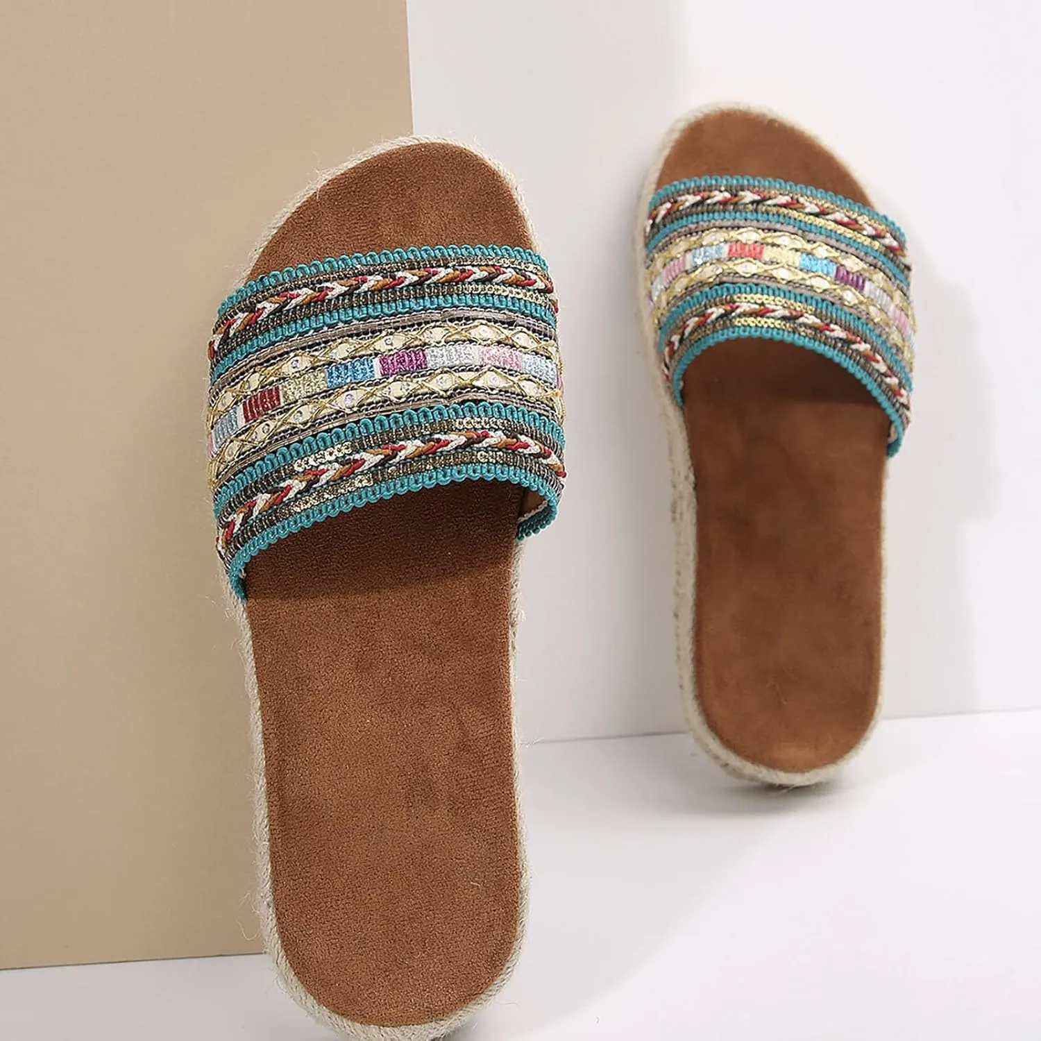 Womens Platform Sandals Comfort Casual Espadrilles Slip On Slippers Wedge Espadrilles Bohemia Open Toe Comfort Non Slip Summer Casual Straw Woven Sandals Platform Slides Shoes