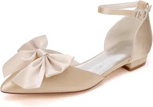 Women's Pointed Toe Flats Ankle Strap Ballet Flats with Bow Flat Bridal Shoes Evening Dress Pumps
