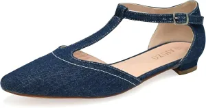 Women's Pointed Toe Flats Wide T-Strap Adjustable Flat Shoes Slip on Comfortable Dressy Shoes for Date Home Office