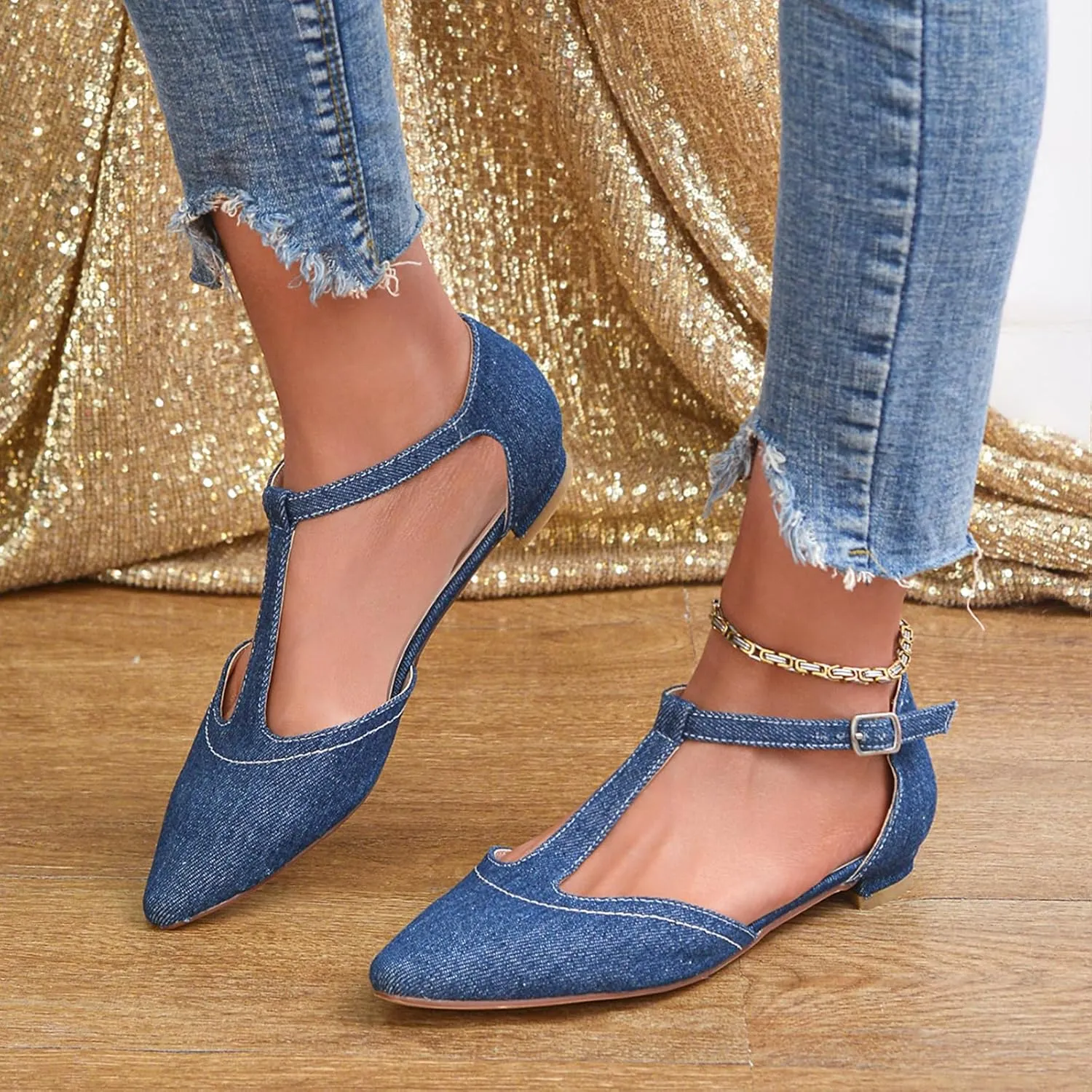 Women's Pointed Toe Flats Wide T-Strap Adjustable Flat Shoes Slip on Comfortable Dressy Shoes for Date Home Office