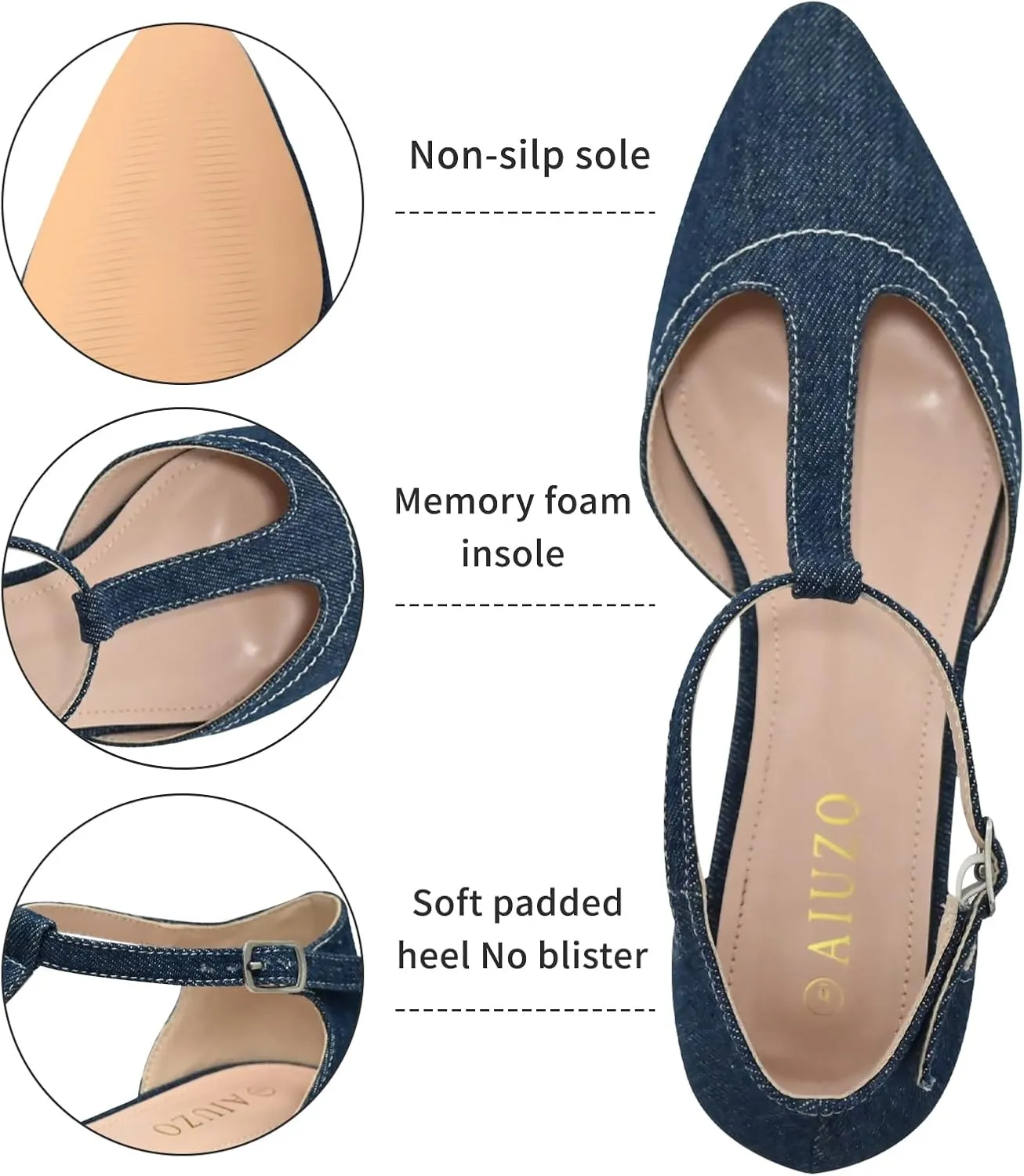 Women's Pointed Toe Flats Wide T-Strap Adjustable Flat Shoes Slip on Comfortable Dressy Shoes for Date Home Office