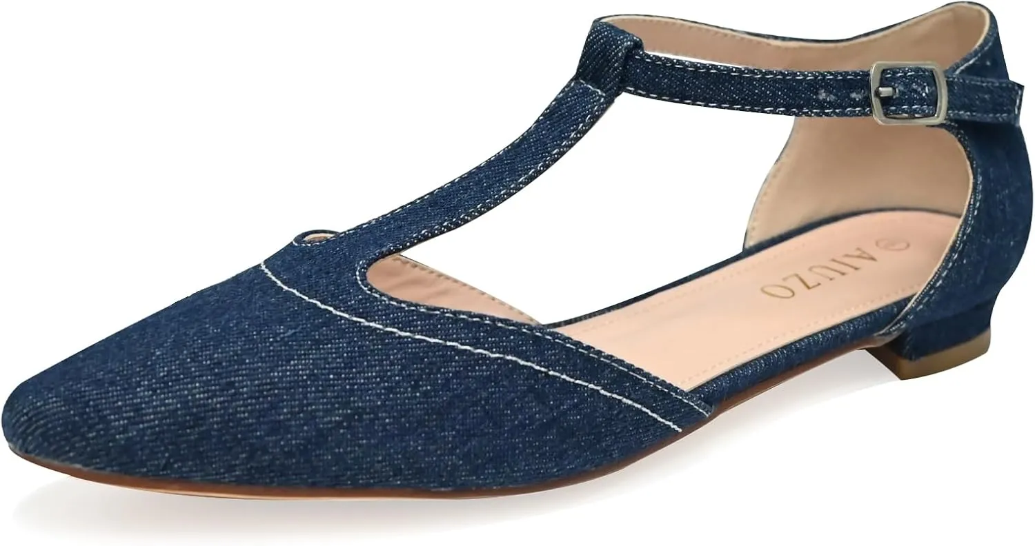 Women's Pointed Toe Flats Wide T-Strap Adjustable Flat Shoes Slip on Comfortable Dressy Shoes for Date Home Office