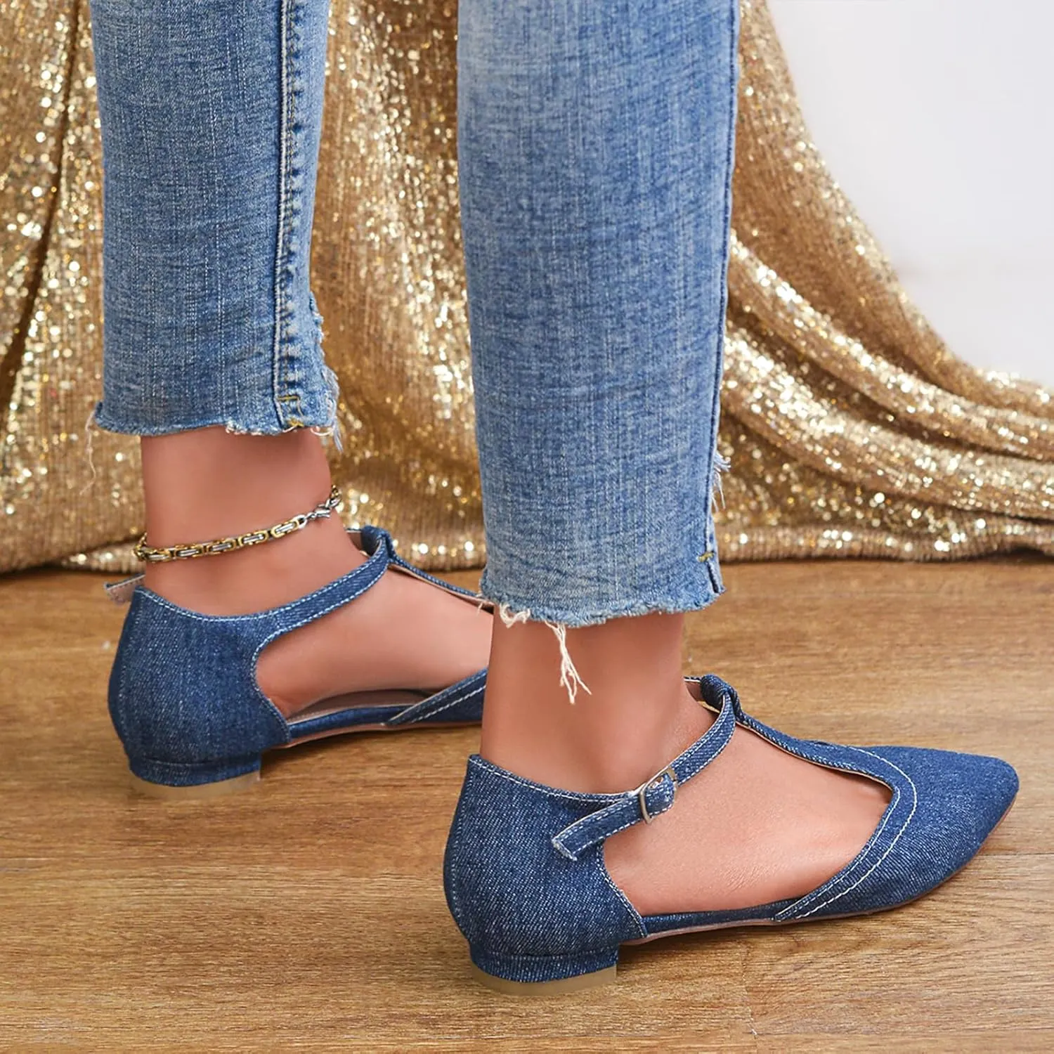 Women's Pointed Toe Flats Wide T-Strap Adjustable Flat Shoes Slip on Comfortable Dressy Shoes for Date Home Office