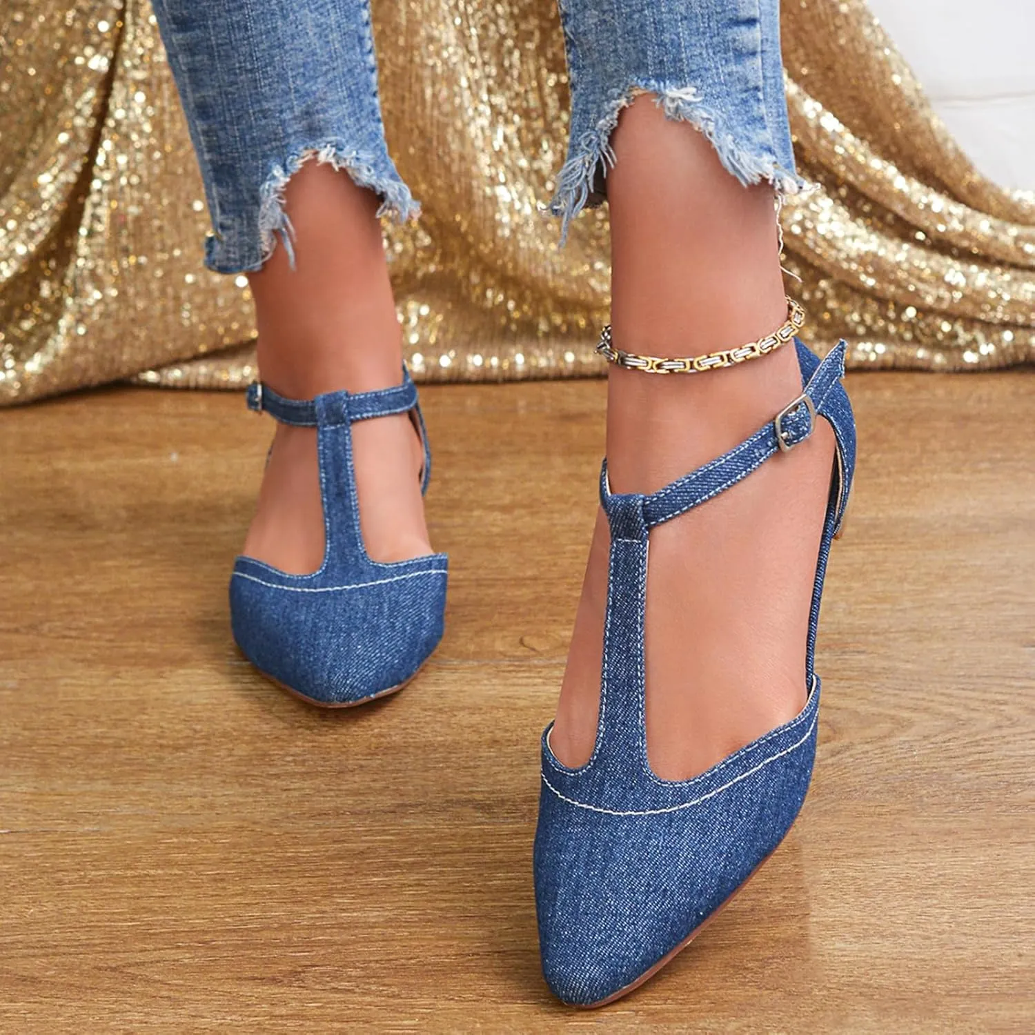 Women's Pointed Toe Flats Wide T-Strap Adjustable Flat Shoes Slip on Comfortable Dressy Shoes for Date Home Office