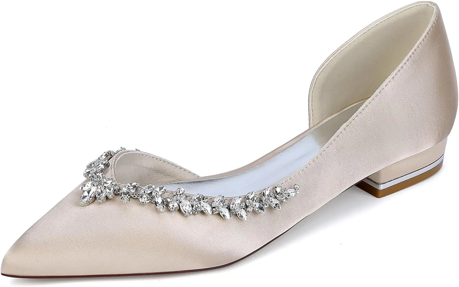 Women's Pointed Toe Satin Wedding Flats for Bride Rhinestones White Bridal Shoes Slip on Prom Party Shoes Pumps