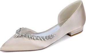Women's Pointed Toe Satin Wedding Flats for Bride Rhinestones White Bridal Shoes Slip on Prom Party Shoes Pumps