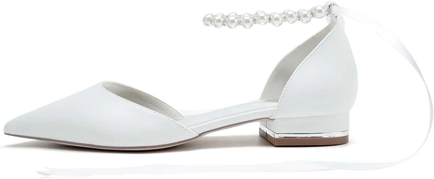 Women's Pointed Toe Satin Wedding Shoes for Bride Flats Bridal Shoes Evening Party Dress Shoes