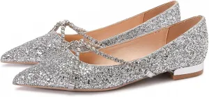 Women's Pointed Toe Slip on Flat Shoes Sequins Glitter Rhinestone Cross Strap Low Heel Flat Shoes Sparkly Wedding Bridal Party Dress Shoes