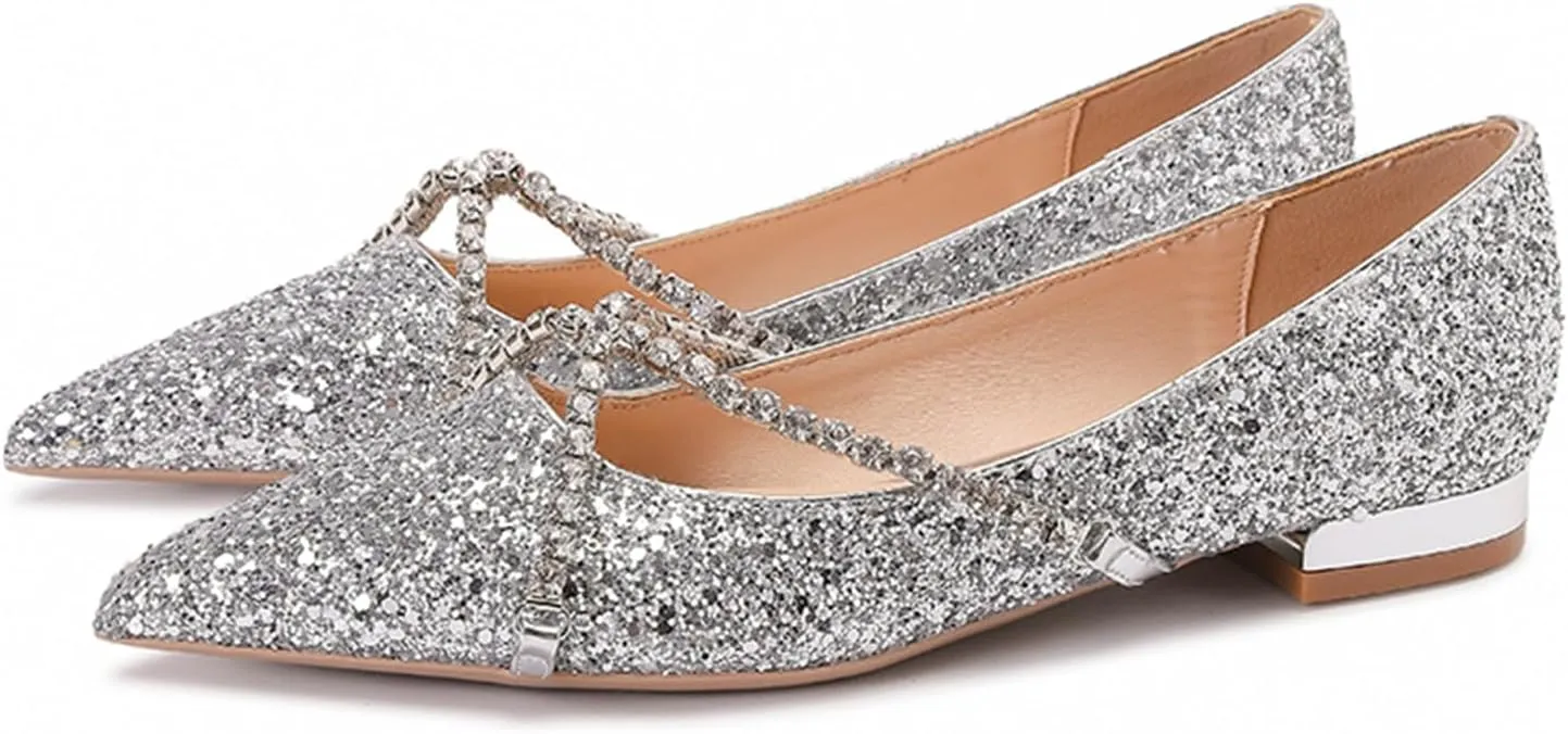 Women's Pointed Toe Slip on Flat Shoes Sequins Glitter Rhinestone Cross Strap Low Heel Flat Shoes Sparkly Wedding Bridal Party Dress Shoes