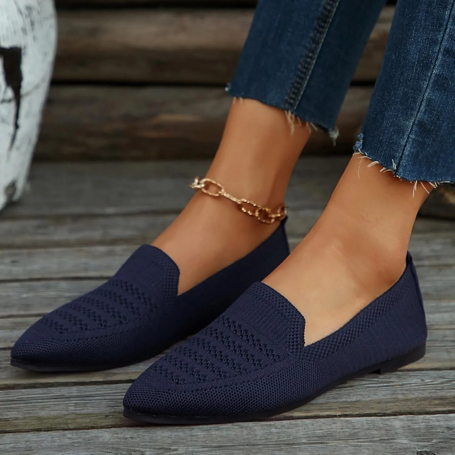 Women's Pointy Toe Loafers Extra Comfortable Knit Dress Shoes Cute Penny Loafer Slip On Ballet Flats Softable Shoes