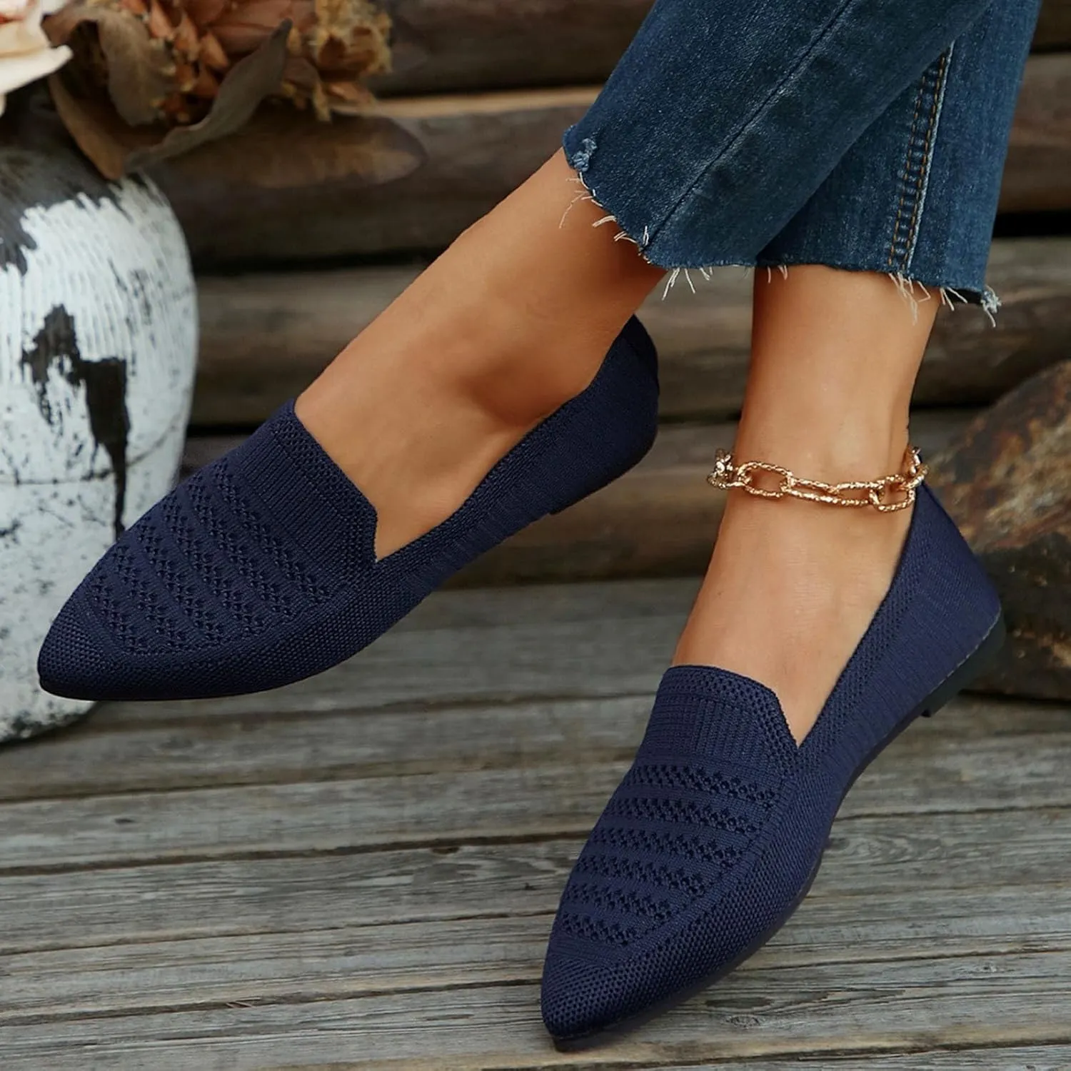 Women's Pointy Toe Loafers Extra Comfortable Knit Dress Shoes Cute Penny Loafer Slip On Ballet Flats Softable Shoes