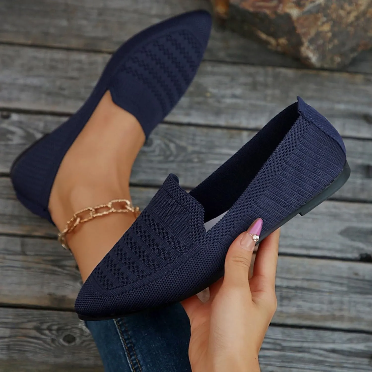 Women's Pointy Toe Loafers Extra Comfortable Knit Dress Shoes Cute Penny Loafer Slip On Ballet Flats Softable Shoes