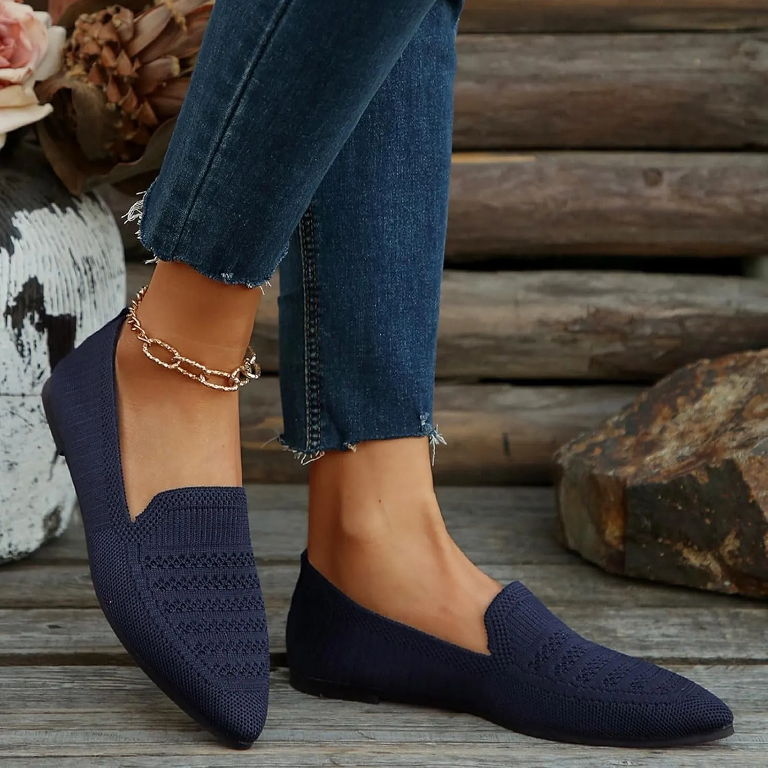 Women's Pointy Toe Loafers Extra Comfortable Knit Dress Shoes Cute Penny Loafer Slip On Ballet Flats Softable Shoes