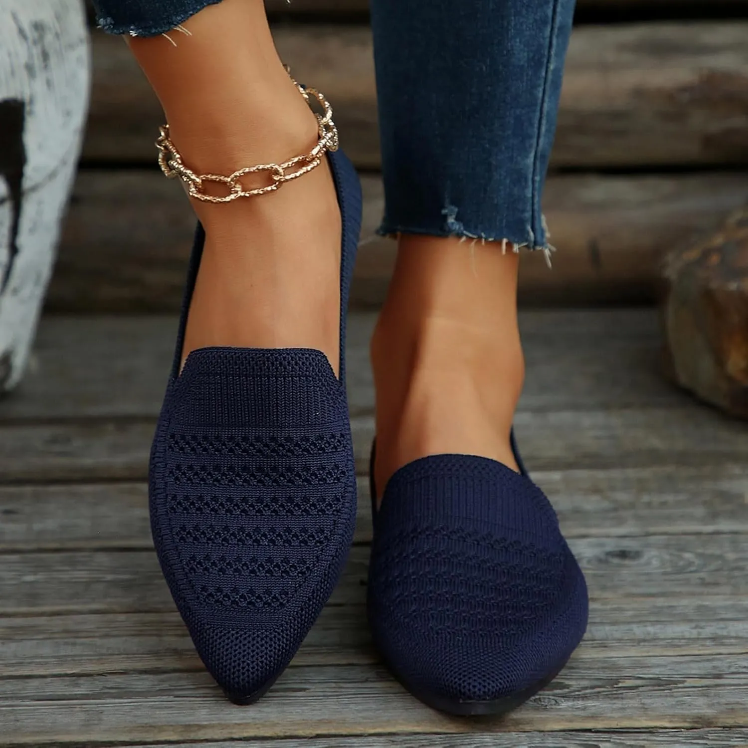 Women's Pointy Toe Loafers Extra Comfortable Knit Dress Shoes Cute Penny Loafer Slip On Ballet Flats Softable Shoes