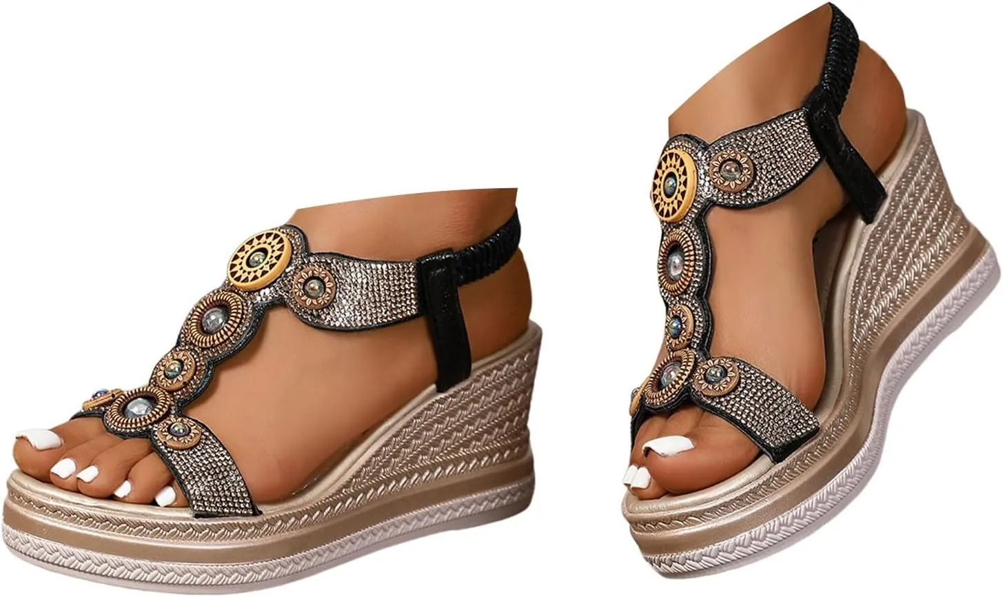 Women's Rhinestone Open Toe High Heel Sandals Open Toe Espadrilles Platform Slides Dressy High Heel Beach Summer Sandal Wide Width Walking Dress Shoes for Party Casual Beach Vacation