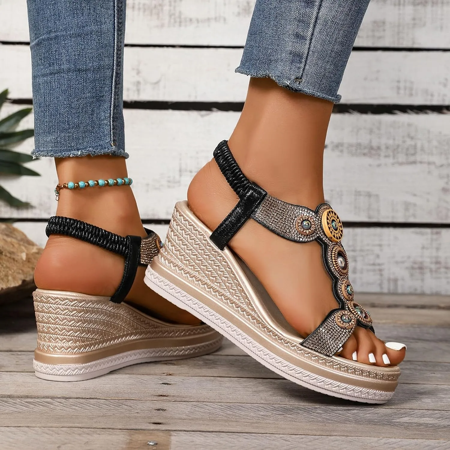 Women's Rhinestone Open Toe High Heel Sandals Open Toe Espadrilles Platform Slides Dressy High Heel Beach Summer Sandal Wide Width Walking Dress Shoes for Party Casual Beach Vacation