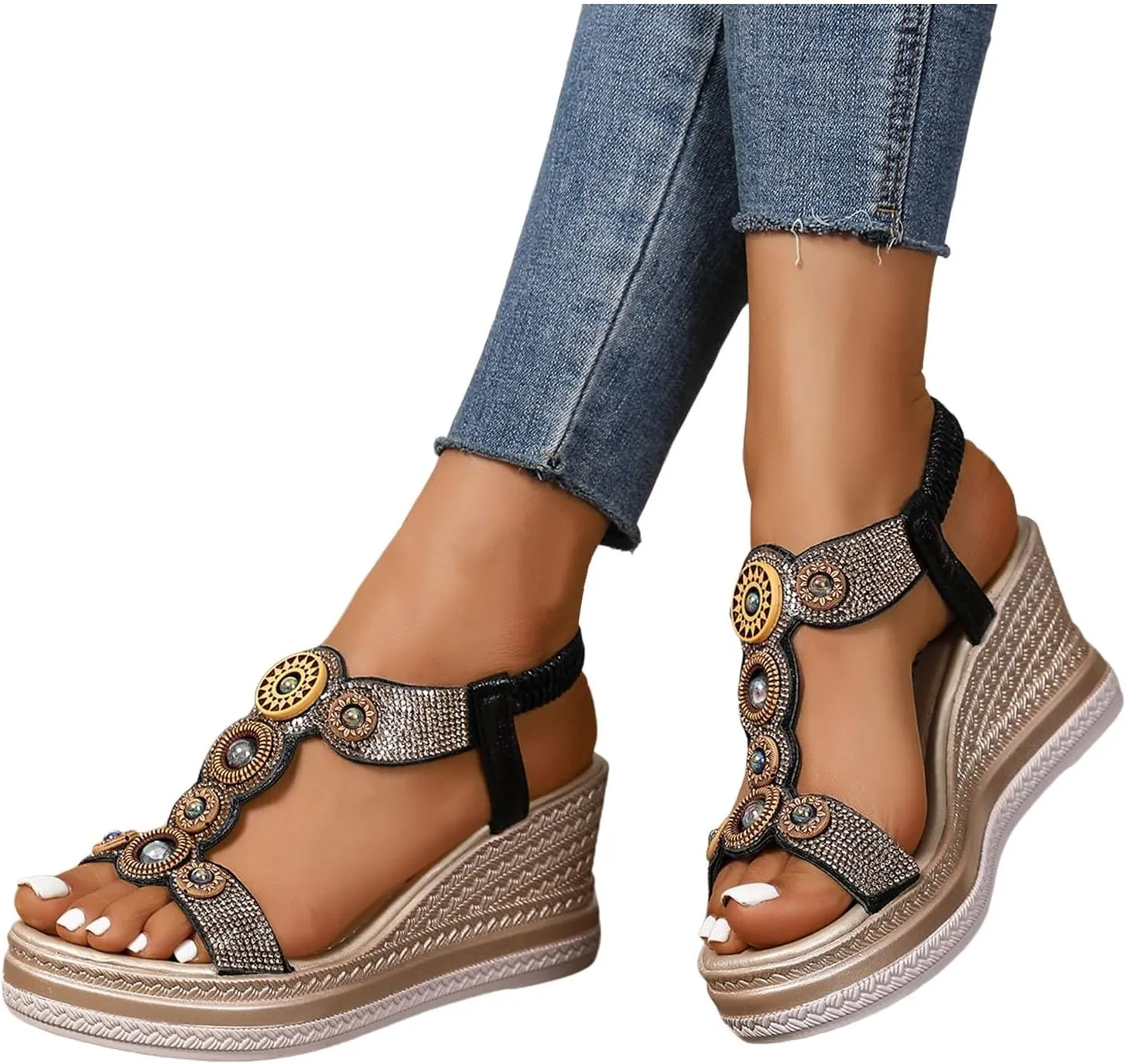 Women's Rhinestone Open Toe High Heel Sandals Open Toe Espadrilles Platform Slides Dressy High Heel Beach Summer Sandal Wide Width Walking Dress Shoes for Party Casual Beach Vacation