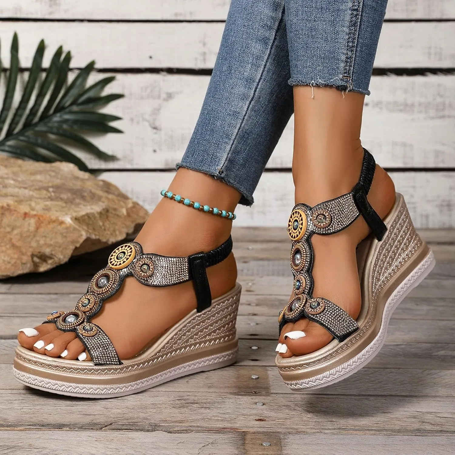 Women's Rhinestone Open Toe High Heel Sandals Open Toe Espadrilles Platform Slides Dressy High Heel Beach Summer Sandal Wide Width Walking Dress Shoes for Party Casual Beach Vacation