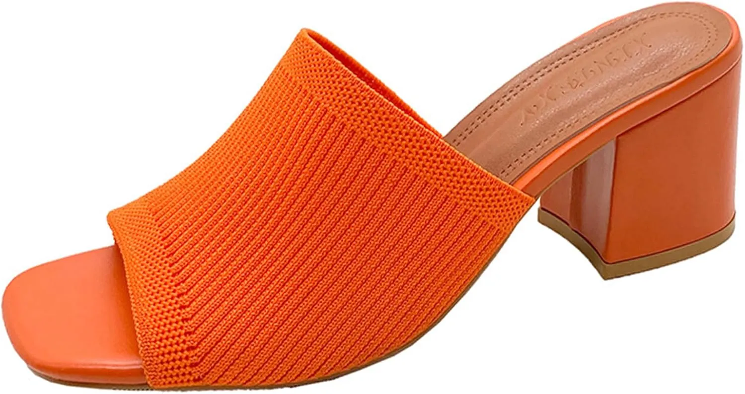 Women's Square Open Toe Knitted Mules Comfortable Breathable Slip On Chunky Block Heel Slide Sandals Dress Party Work Shoes