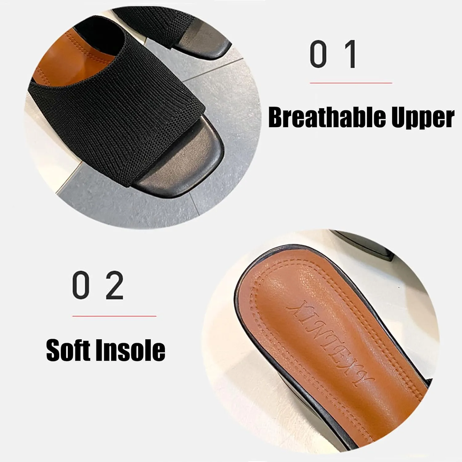 Women's Square Open Toe Knitted Mules Comfortable Breathable Slip On Chunky Block Heel Slide Sandals Dress Party Work Shoes