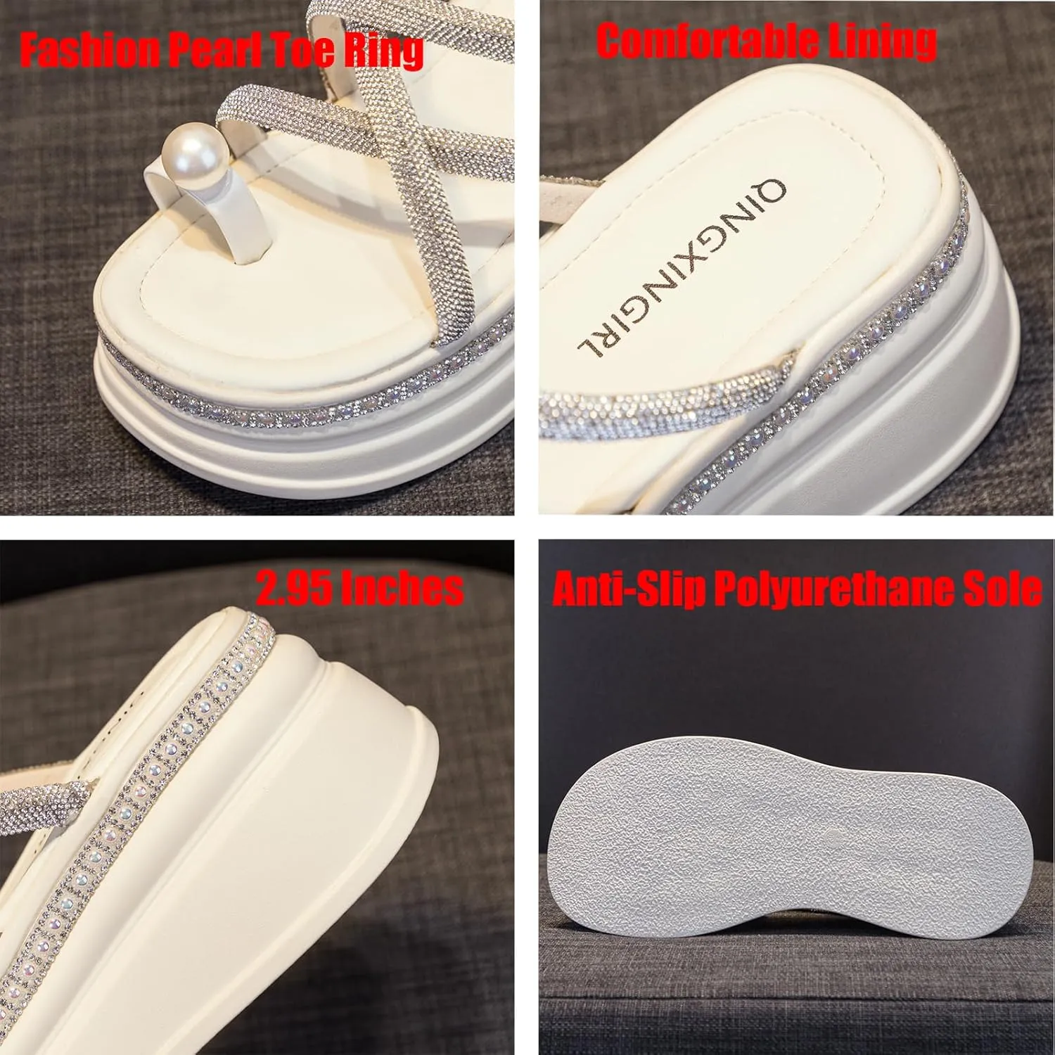 Women'S Strappy Pearl Toe Ring Platform Slide Sandals Fashion Rhinestone Slip-On Comfort Wedge Dress Mule Sandals Summer Outdoor Non-Slip Beach Walking Slippers Shoes