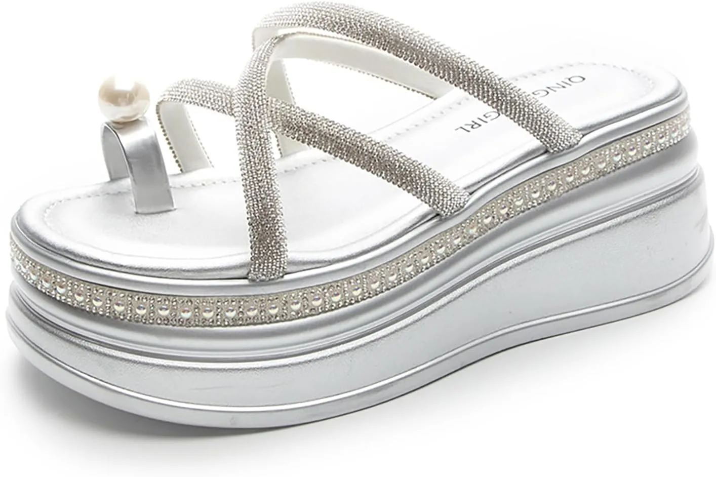 Women'S Strappy Pearl Toe Ring Platform Slide Sandals Fashion Rhinestone Slip-On Comfort Wedge Dress Mule Sandals Summer Outdoor Non-Slip Beach Walking Slippers Shoes