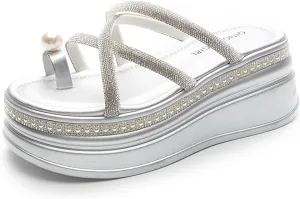 Women'S Strappy Pearl Toe Ring Platform Slide Sandals Fashion Rhinestone Slip-On Comfort Wedge Dress Mule Sandals Summer Outdoor Non-Slip Beach Walking Slippers Shoes