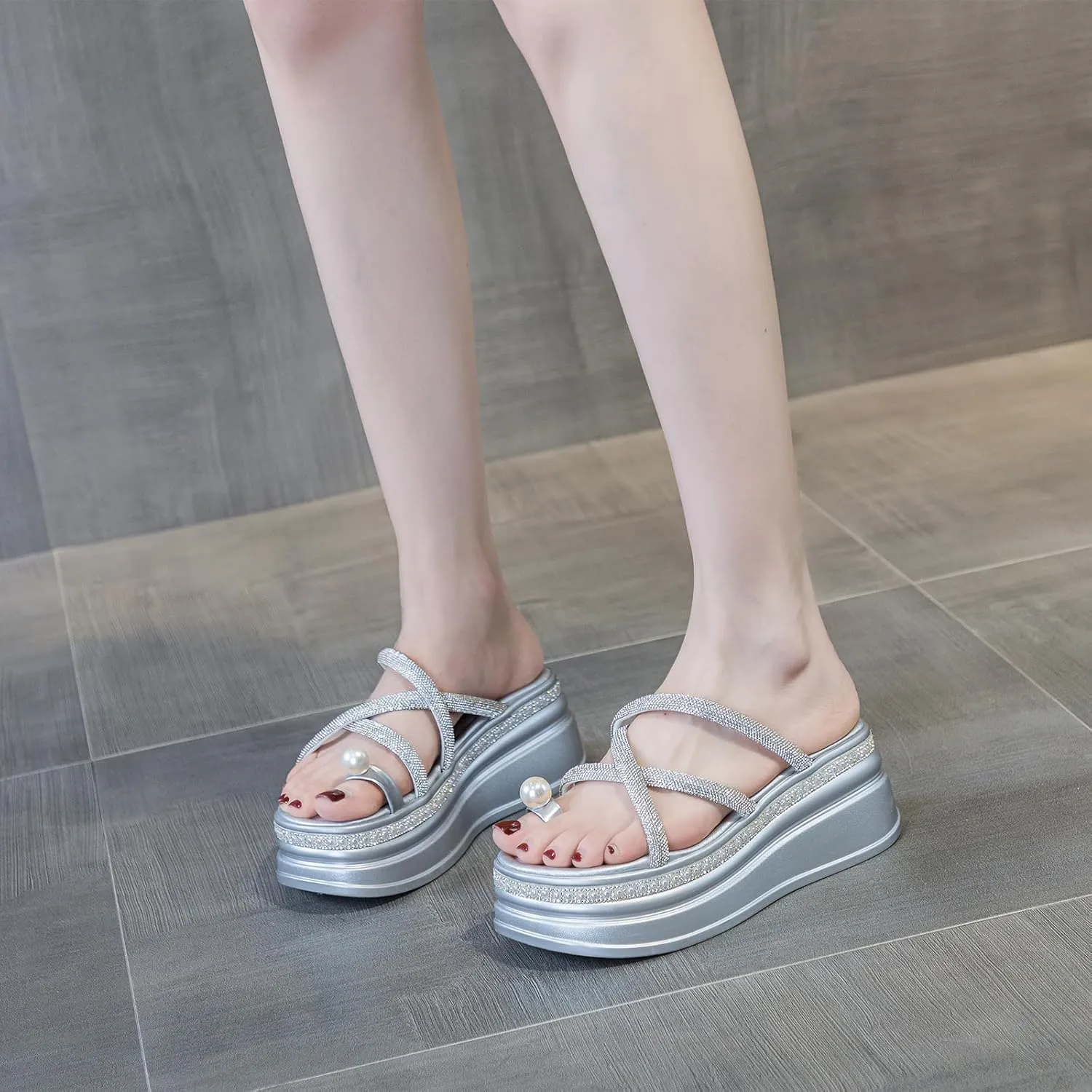Women'S Strappy Pearl Toe Ring Platform Slide Sandals Fashion Rhinestone Slip-On Comfort Wedge Dress Mule Sandals Summer Outdoor Non-Slip Beach Walking Slippers Shoes
