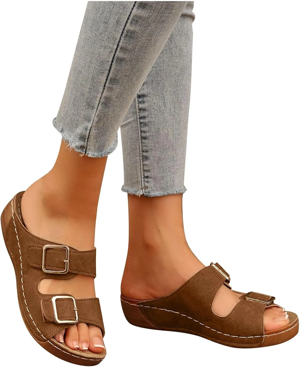 Women's Suede Orthopedic Platform Wedge Sandals 2025 Summer Dressy Open Toe Two Strap Wide Width Slingback Slip On Sandals Fashionable Walking Dress Shoes Arch Support