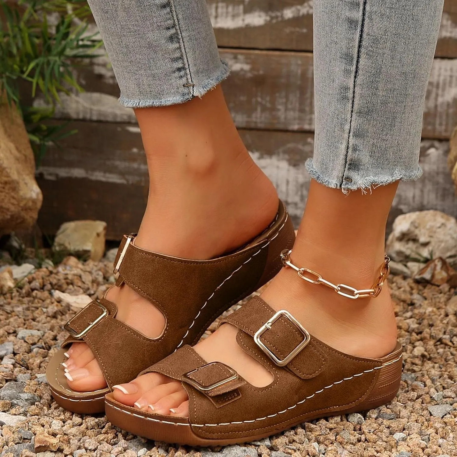 Women's Suede Orthopedic Platform Wedge Sandals 2025 Summer Dressy Open Toe Two Strap Wide Width Slingback Slip On Sandals Fashionable Walking Dress Shoes Arch Support