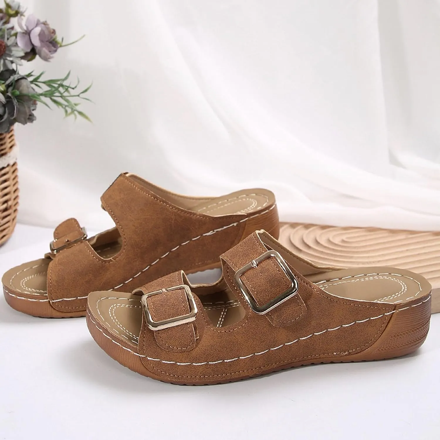 Women's Suede Orthopedic Platform Wedge Sandals 2025 Summer Dressy Open Toe Two Strap Wide Width Slingback Slip On Sandals Fashionable Walking Dress Shoes Arch Support