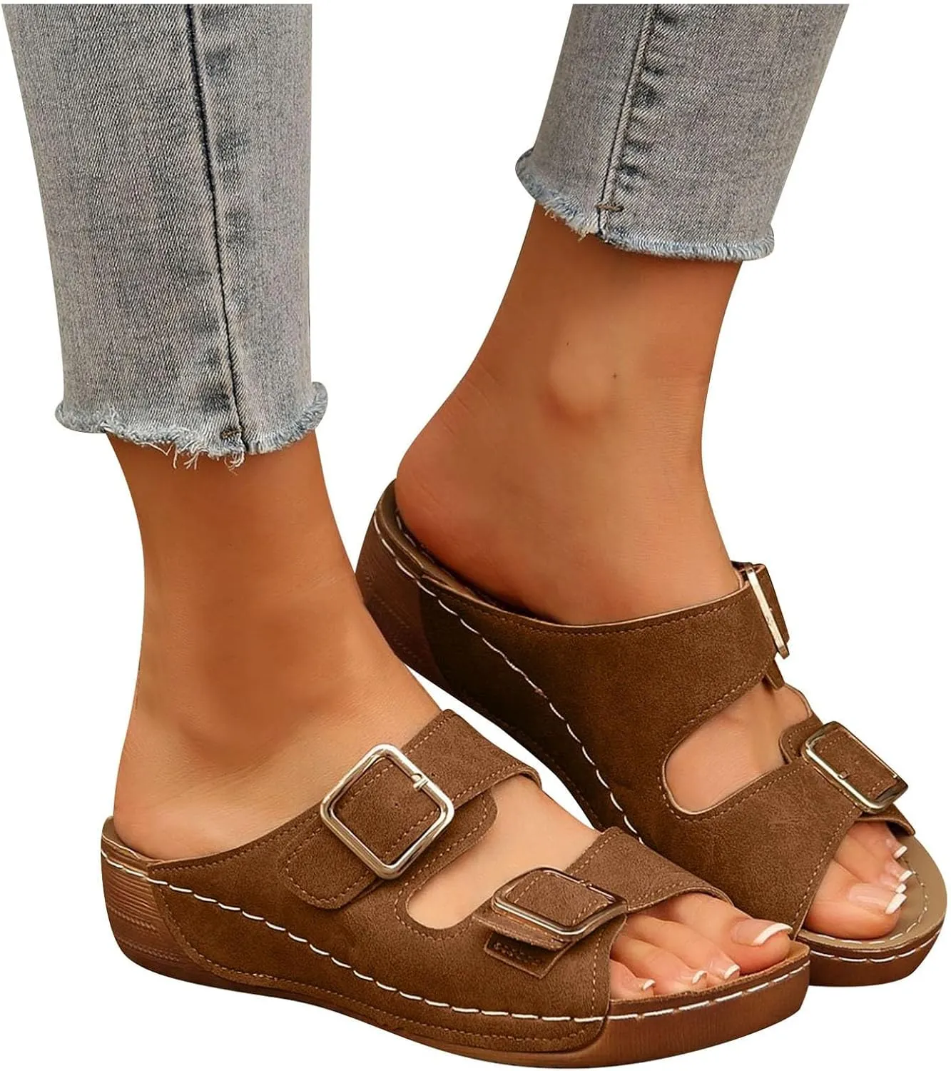 Women's Suede Orthopedic Platform Wedge Sandals 2025 Summer Dressy Open Toe Two Strap Wide Width Slingback Slip On Sandals Fashionable Walking Dress Shoes Arch Support