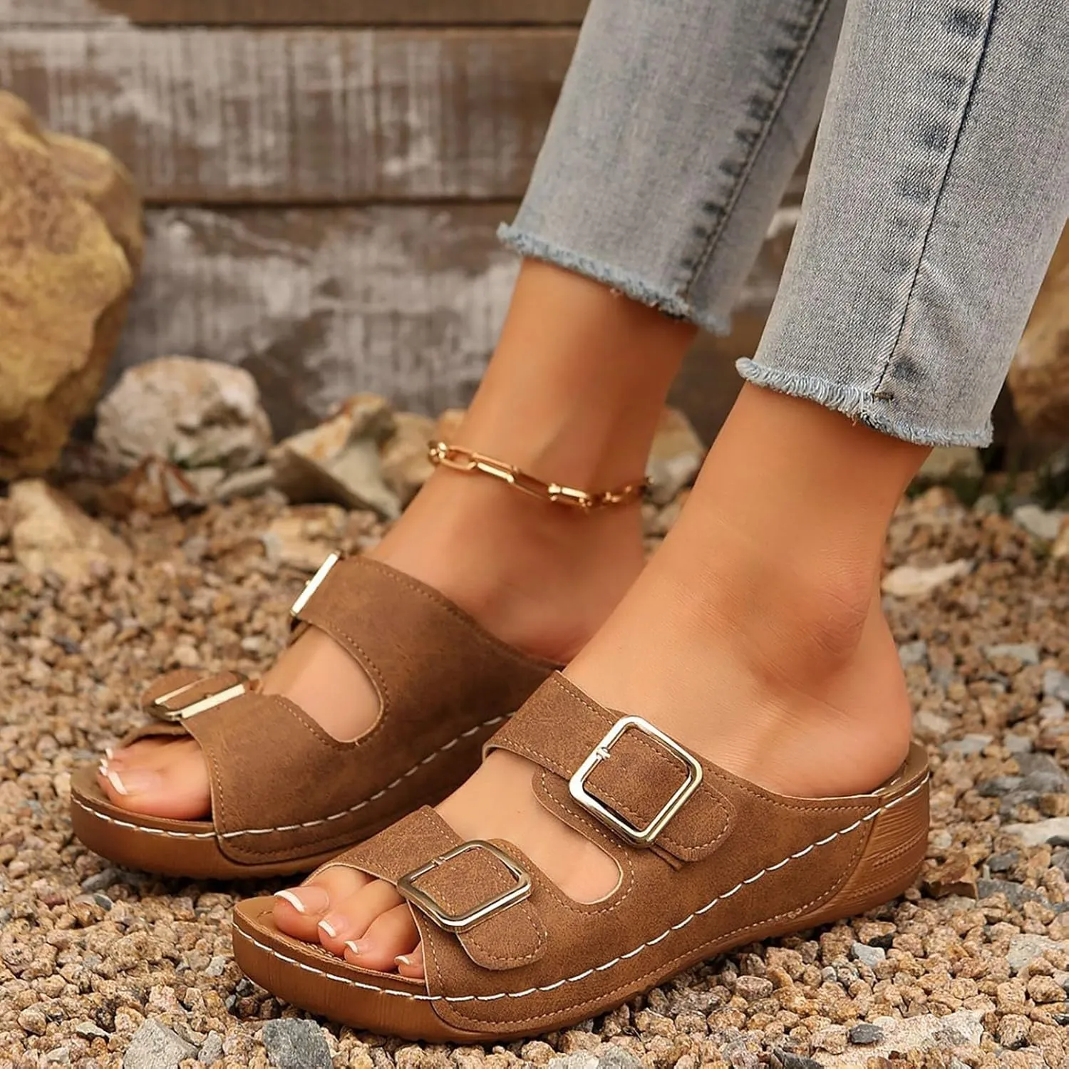 Women's Suede Orthopedic Platform Wedge Sandals 2025 Summer Dressy Open Toe Two Strap Wide Width Slingback Slip On Sandals Fashionable Walking Dress Shoes Arch Support