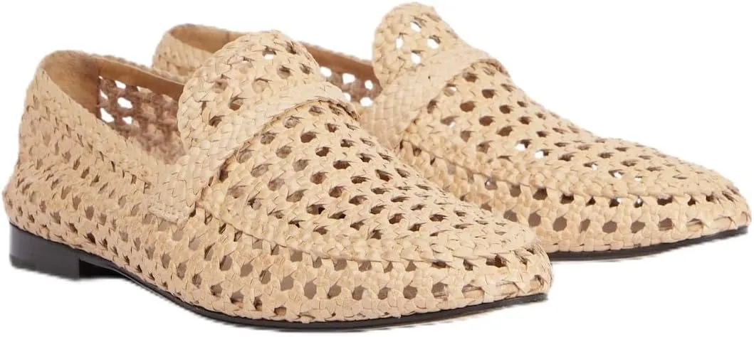 Women's Woven Loafers Breathable Cut Out Flat Shoes Leather Round Toe Low Heel Casual Slip On Work Shoes for Shopping Vacation