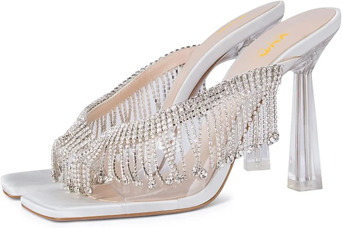 XYD Crystal Rhinestones Strap Slides Sandals Transparent PVC Open Square Toe Graceful Satin Embedded Metallic High Heel Dress Party Mule Shoes