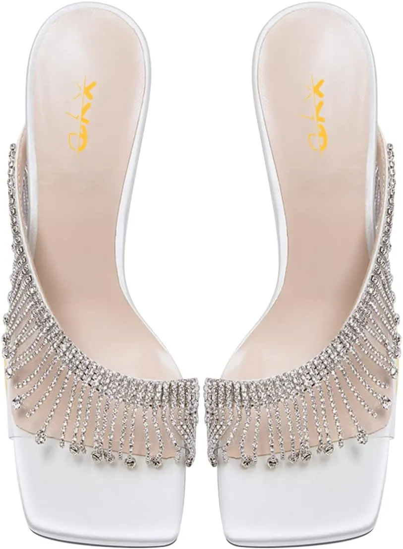 XYD Crystal Rhinestones Strap Slides Sandals Transparent PVC Open Square Toe Graceful Satin Embedded Metallic High Heel Dress Party Mule Shoes