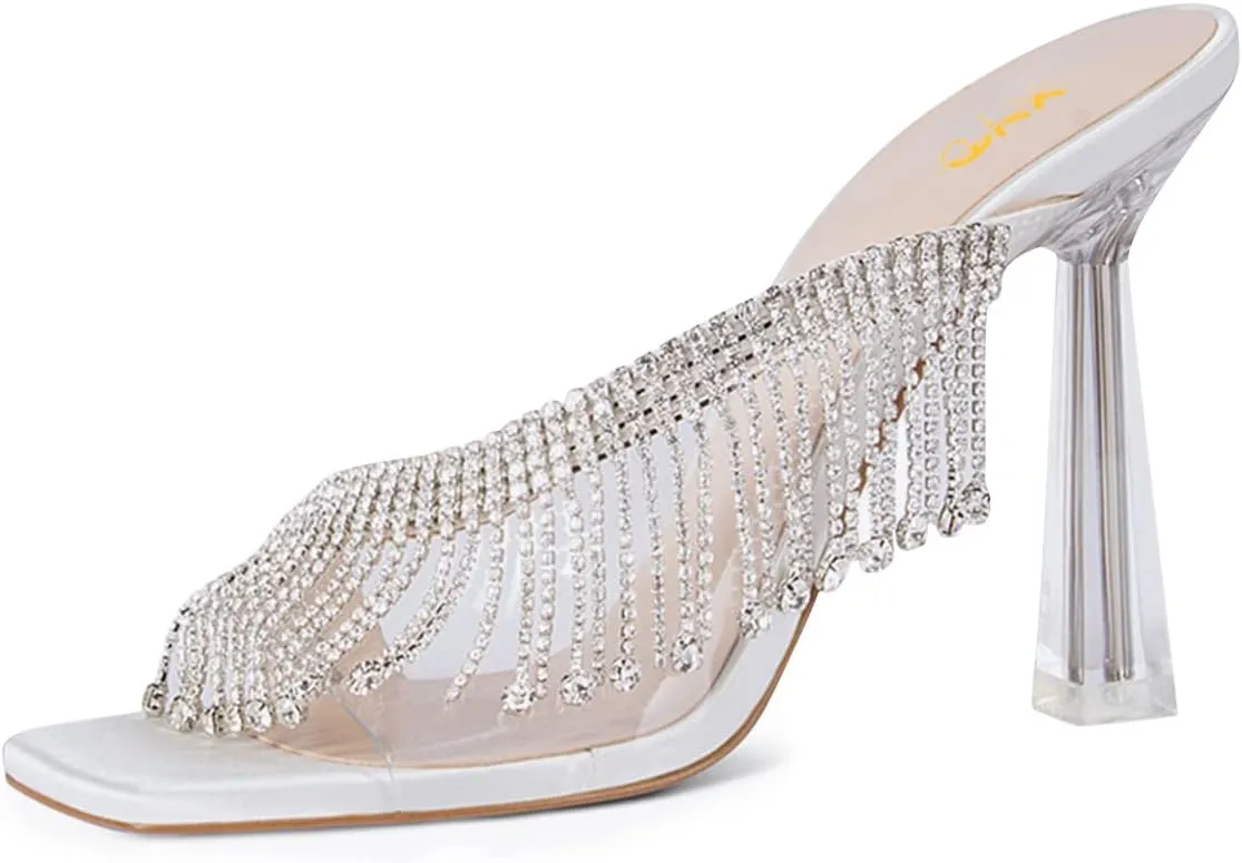 XYD Crystal Rhinestones Strap Slides Sandals Transparent PVC Open Square Toe Graceful Satin Embedded Metallic High Heel Dress Party Mule Shoes